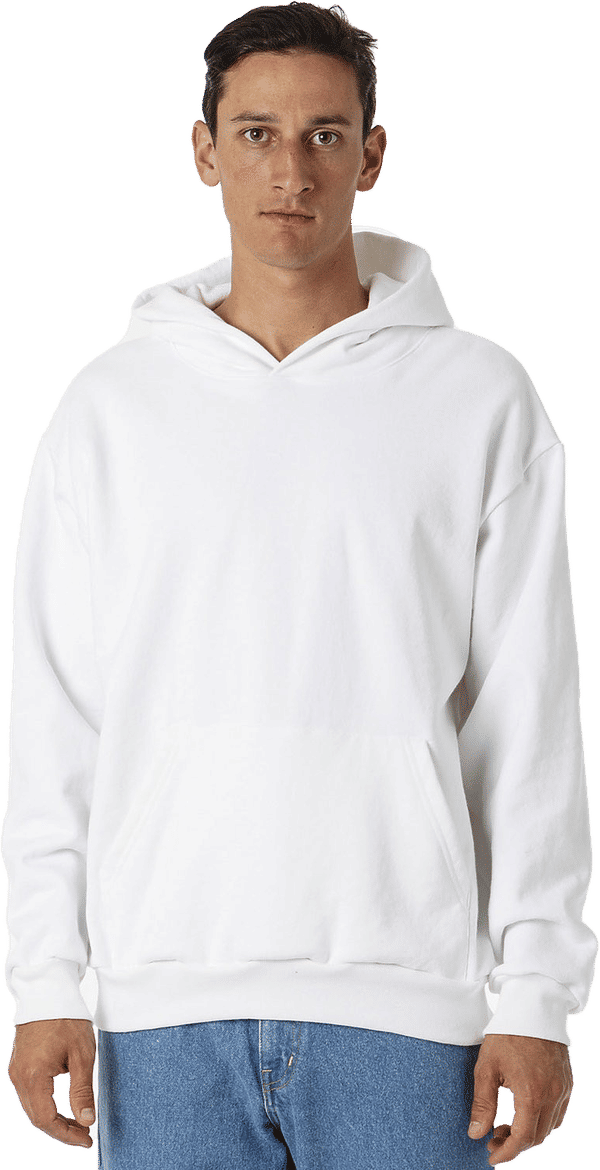 Am image of a Custom LA Apparel LS Heavy Fleece Hood PO 14 Oz in White!