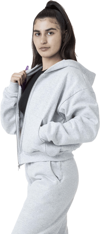 Am image of a Custom LA Apparel Heavy Fleece Cropped Zip Up in Ash!