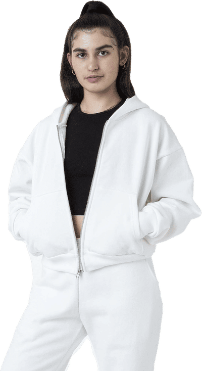 Am image of a Custom LA Apparel Heavy Fleece Cropped Zip Up in White!