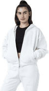 Am image of a Custom LA Apparel Heavy Fleece Cropped Zip Up in White!