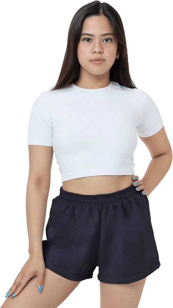 Am image of a Custom LA Apparel Heavy Fleece Short Shorts in Navy!