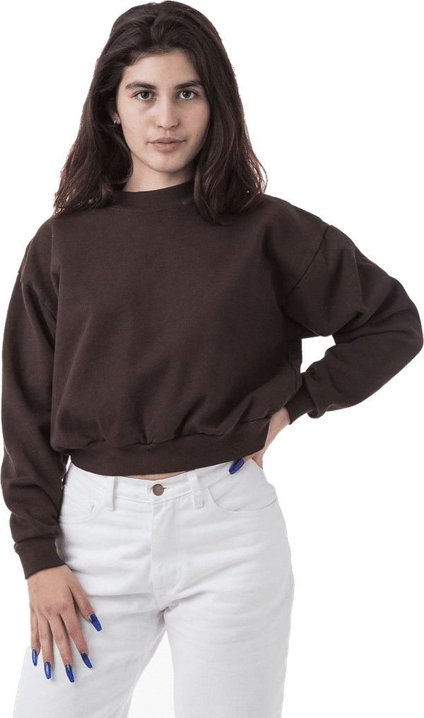 Am image of a Custom LA Apparel HF Cropped Mock Neck Pullover in CHOCOLATE!