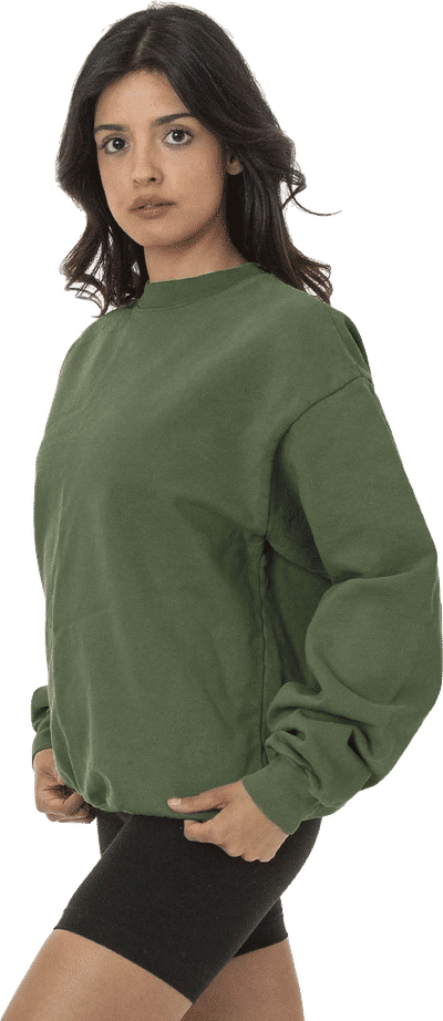 Am image of a Custom LA Apparel LS Heavy Fleece PO Crewneck Sweatshirt 14 Oz in ARMY!