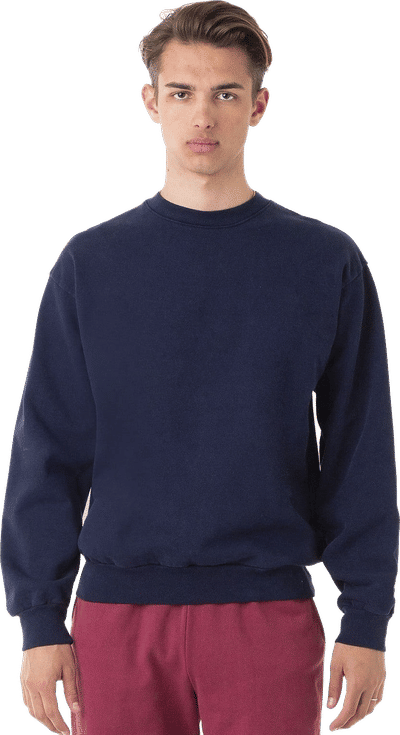 Am image of a Custom LA Apparel LS Heavy Fleece PO Crewneck Sweatshirt 14 Oz in NAVY!