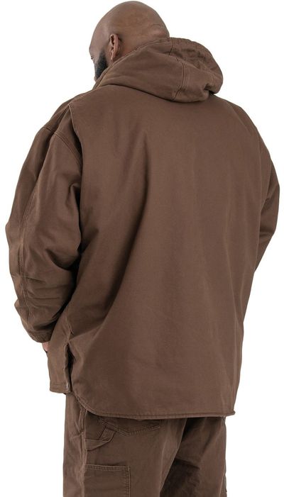 Am image of a Custom Berne Mens Heartland Washed Duck Hooded Work Coat in Bark!
