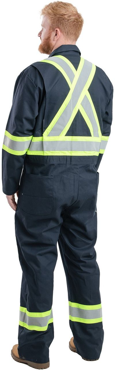 Am image of a Custom Berne Men's Safety Striped Gasket Unlined Coverall in Navy!