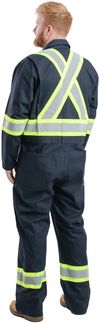 Am image of a Custom Berne Men's Safety Striped Gasket Unlined Coverall in Navy!