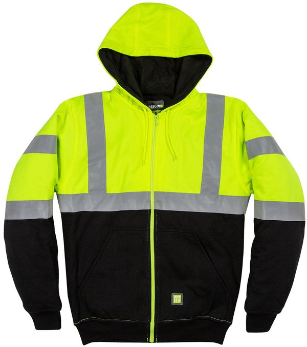 Am image of a Custom Berne Men's HiVis Class 3 Color Block Full Zip Hooded Sweatshirt in Hi Vis Yellow!