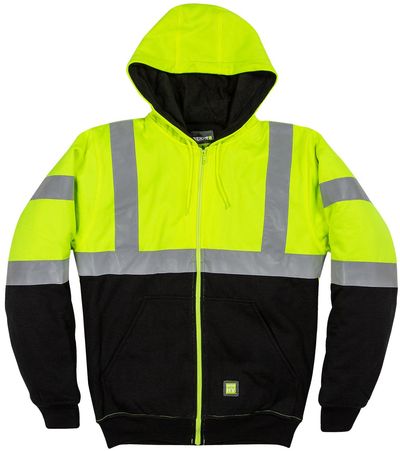 Am image of a Custom Berne Men's HiVis Class 3 Color Block Full Zip Hooded Sweatshirt in Hi Vis Yellow!