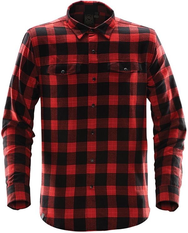 Am image of a Custom Stormtech Mens Logan Snap Front Shirt in BLACK / RED PLAID!