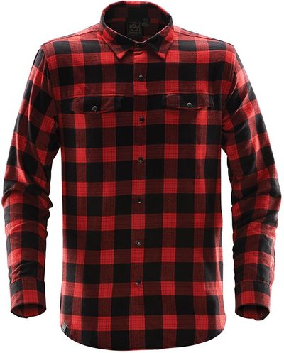 Am image of a Custom Stormtech Mens Logan Snap Front Shirt in BLACK / RED PLAID!
