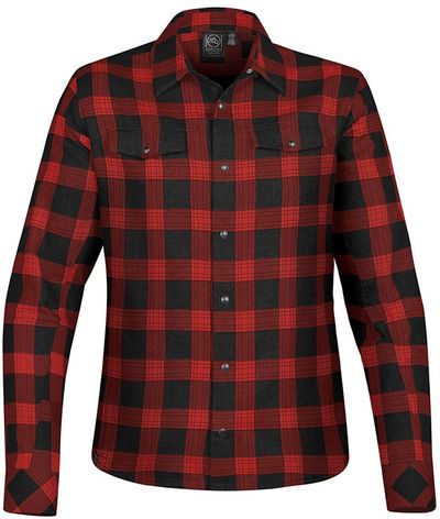 Am image of a Custom Stormtech Womens Logan Snap Front Shirt in Black/Red Plaid!