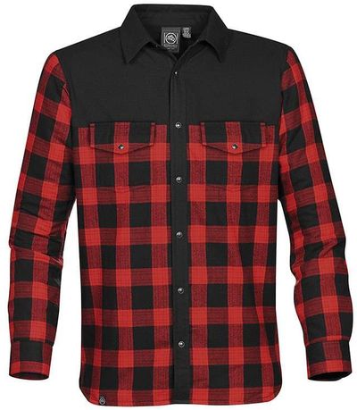 Am image of a Custom Stormtech Mens Logan Thermal Long Sleeve Shirt in BLACK / RED PLAID!