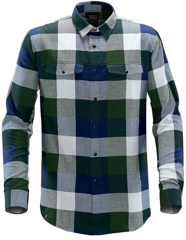 Am image of a Custom Stormtech Mens Logan Snap Front Shirt in Earth/Navy!