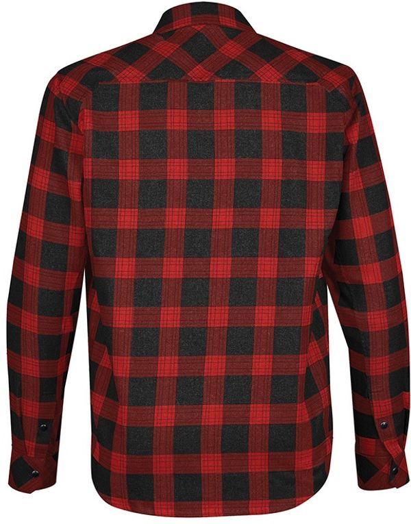 Am image of a Custom Stormtech Mens Logan Snap Front Shirt in BLACK / RED PLAID!