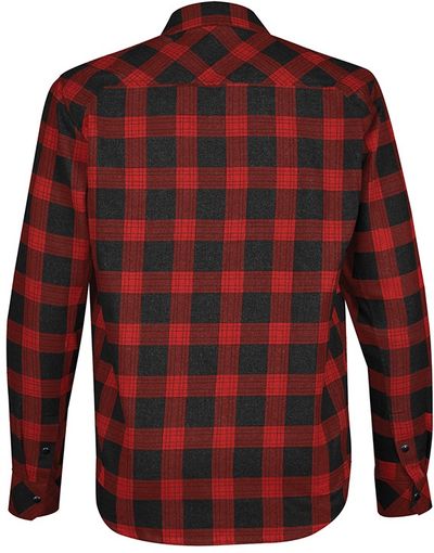 Am image of a Custom Stormtech Mens Logan Snap Front Shirt in BLACK / RED PLAID!
