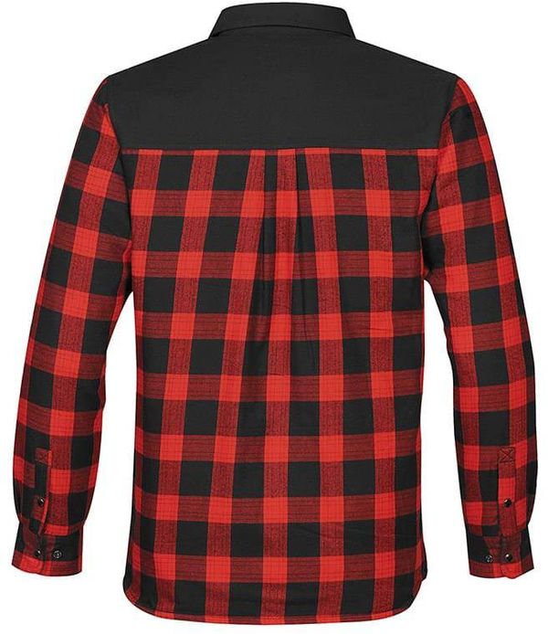 Am image of a Custom Stormtech Mens Logan Thermal Long Sleeve Shirt in BLACK / RED PLAID!