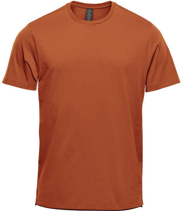 Am image of a Custom Stormtech Men's Equinox Short Sleeve Tee in Rust Heather!
