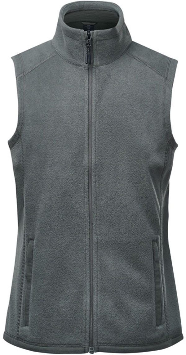 Am image of a Custom Stormtech Womens Montauk Fleece Vest in Granite!