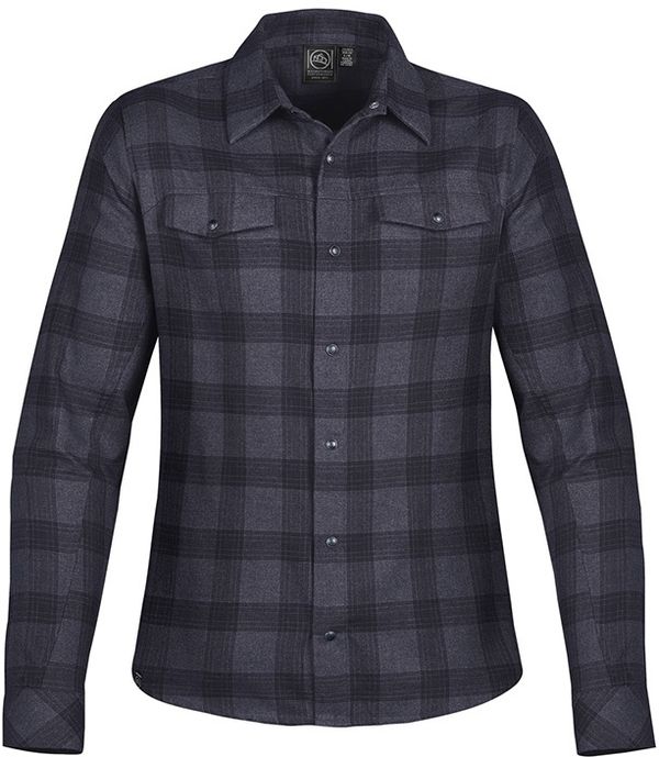 An image of a Custom Stormtech Womens Logan Snap Front Shirt in Navy Plaid!