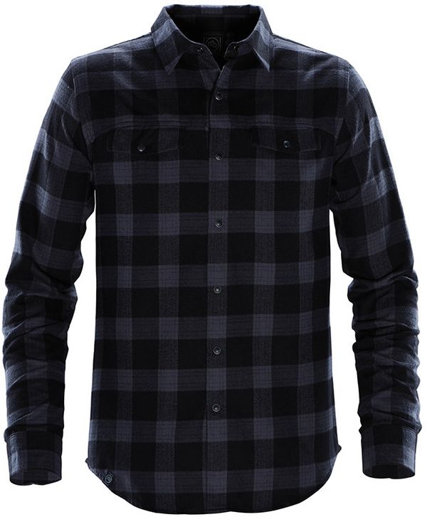 Am image of a Custom Stormtech Mens Logan Snap Front Shirt in NAVY PLAID!