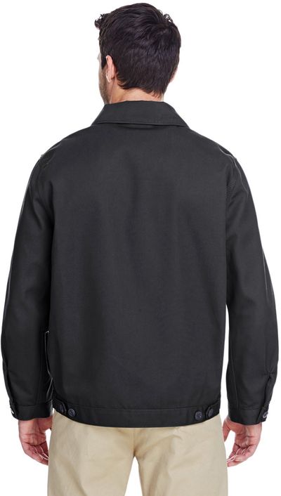 Am image of a Custom Dickies Men's Unlined Eisenhower Jacket in Black!