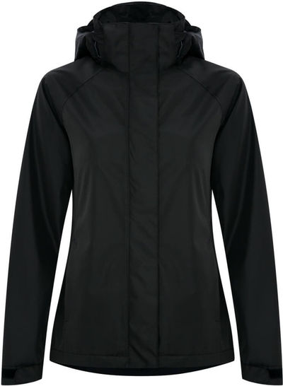 Am image of a Custom Coal Harbour Coast to Coast Waterproof Ladies' Rain Jacket in Black!