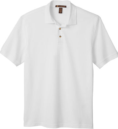 Am image of a Custom Harriton Men's Ringspun Cotton Pique Short Sleeve Polo in White!