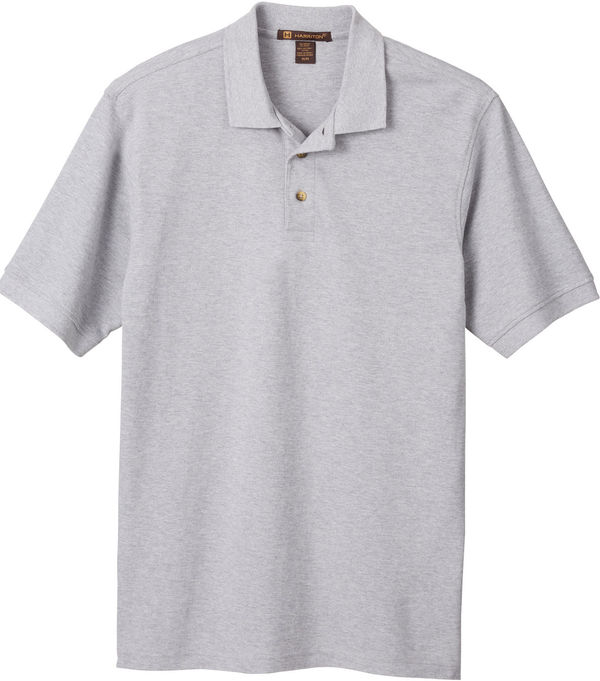 Am image of a Custom Harriton Men's Ringspun Cotton Pique Short Sleeve Polo in Grey Heather!