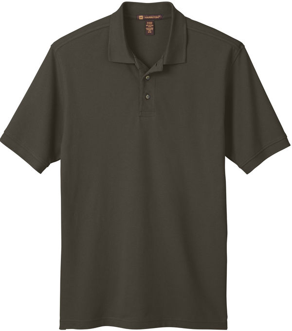 Am image of a Custom Harriton Men's Ringspun Cotton Pique Short Sleeve Polo in Black!