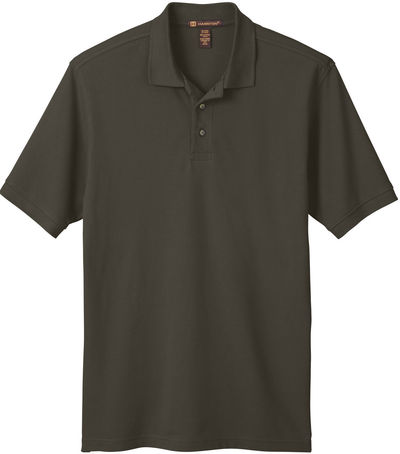 Am image of a Custom Harriton Men's Ringspun Cotton Pique Short Sleeve Polo in Black!