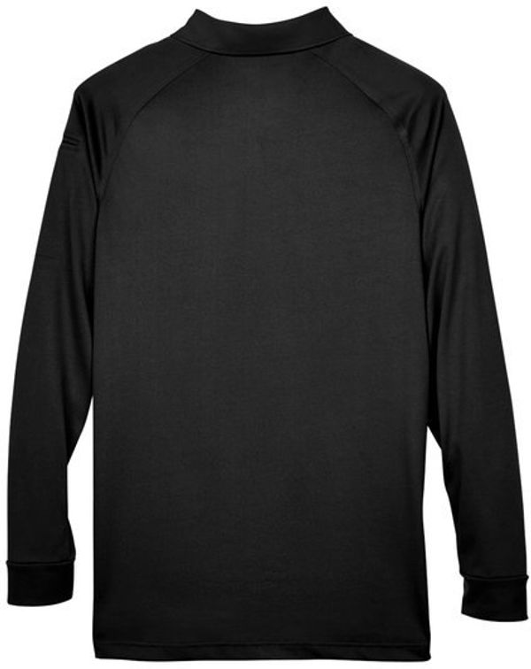 Am image of a Custom Harriton Men's Advantage Snag Protection Plus Long Sleeve Tactical Polo in Black!
