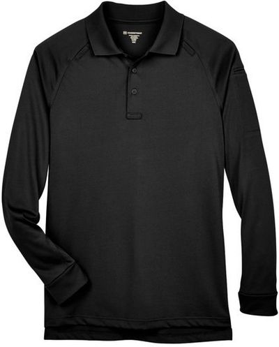 Am image of a Custom Harriton Men's Advantage Snag Protection Plus Long Sleeve Tactical Polo in Black!