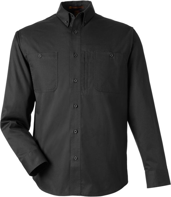 Am image of a Custom Harriton Men's Advantage IL Long Sleeve Workshirt in BLACK!