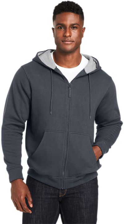 Am image of a Custom Harriton Men's ClimaBloc™ Lined Heavyweight Hooded Sweatshirt in Dark Charcoal!