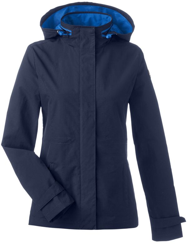 Am image of a Custom Nautica Ladies' Voyage Raincoat in Nautica Navy!