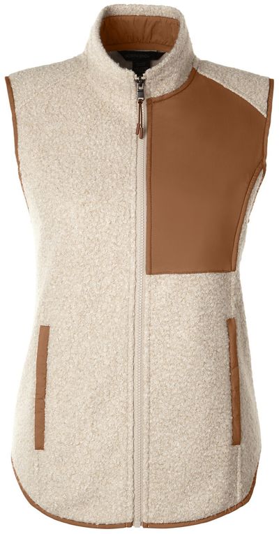 Am image of a Custom North End Ladies Aura Sweater Fleece Vest in Oatmeal Heather/ Teak!