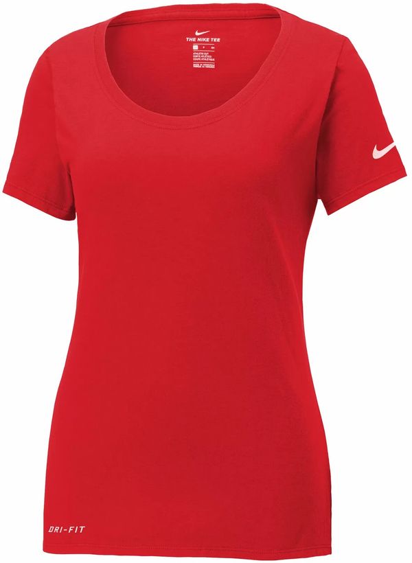 Am image of a Custom Nike Ladies Dri FIT Cotton Poly Scoop Neck Tee in University Red!