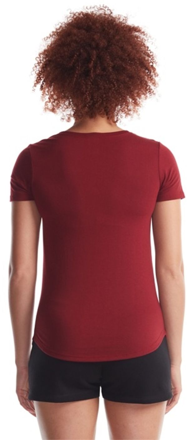 Am image of a Custom Jerico Ladies Bamboo Relaxed Fit Scoop Bottom T Shirt in Bordeaux!