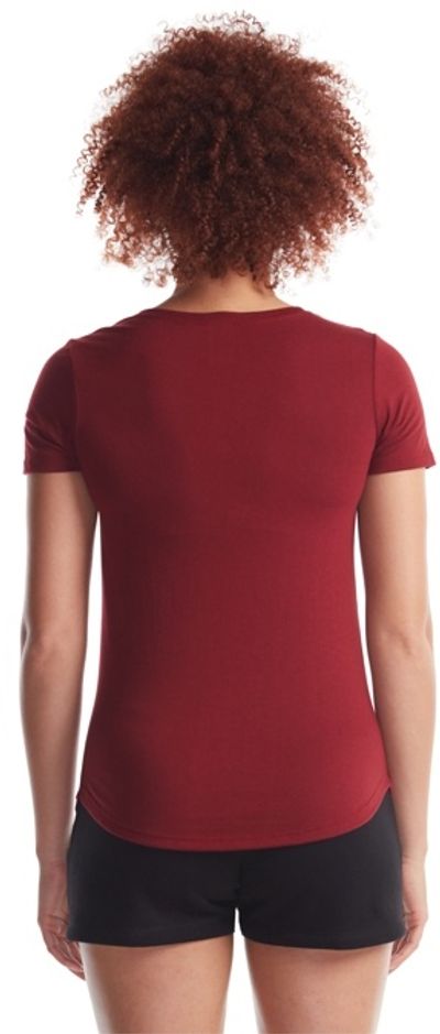 Am image of a Custom Jerico Ladies Bamboo Relaxed Fit Scoop Bottom T Shirt in Bordeaux!