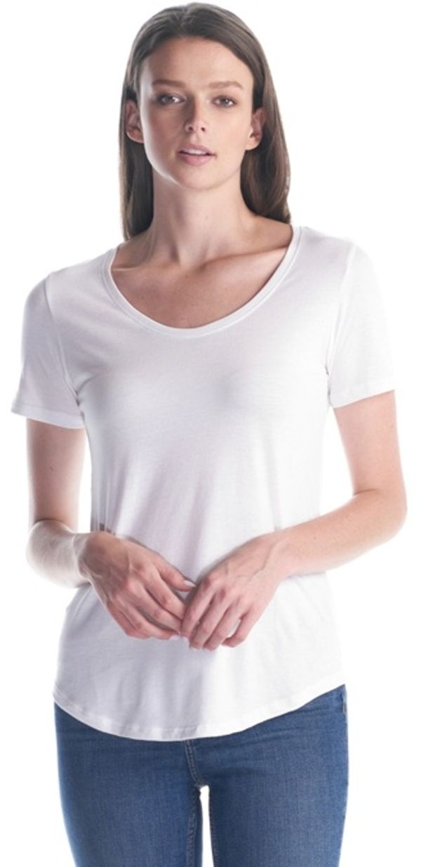 Am image of a Custom Jerico Ladies Bamboo Relaxed Fit Scoop Bottom T Shirt in White!