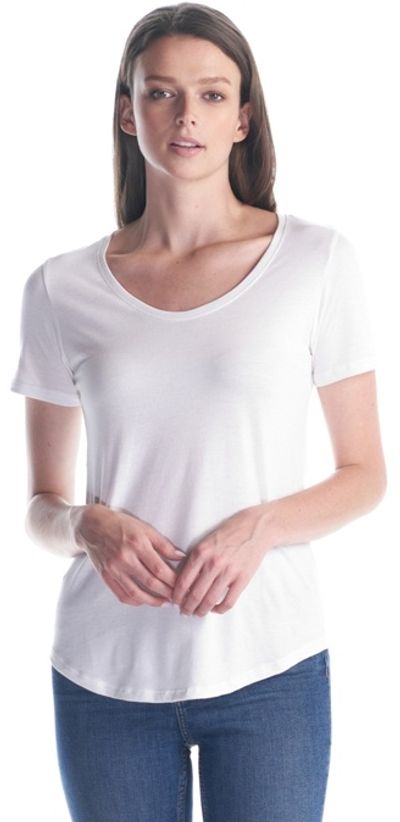 Am image of a Custom Jerico Ladies Bamboo Relaxed Fit Scoop Bottom T Shirt in White!