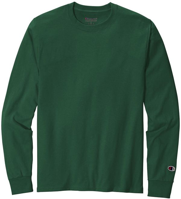 Am image of a Custom Champion Long Sleeve Cotton Tee in Dark Green!