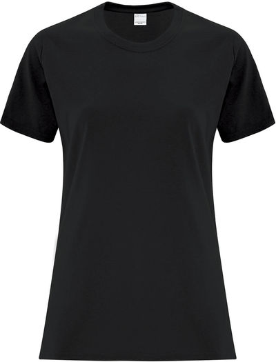 Am image of a Custom ATC Everyday Cotton Ladies Tee in Black!
