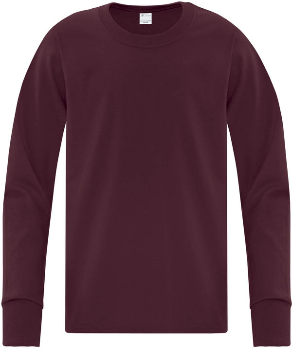Am image of a Custom ATC Everyday Cotton Long Sleeve Youth Tee in Maroon!