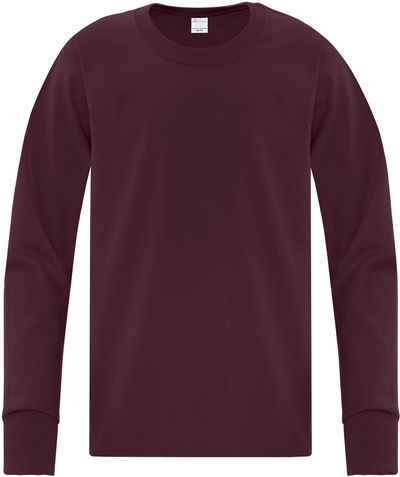 Am image of a Custom ATC Everyday Cotton Long Sleeve Youth Tee in Maroon!