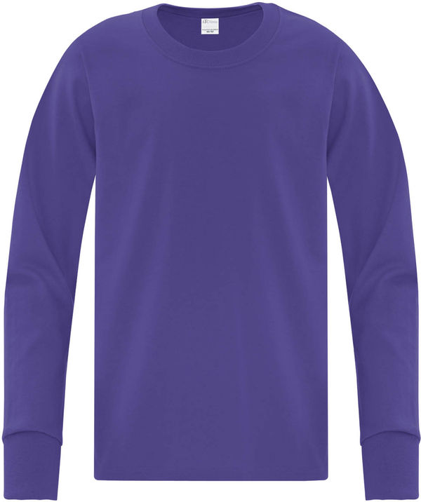 Am image of a Custom ATC Everyday Cotton Long Sleeve Youth Tee in Purple!