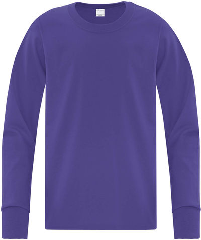 Am image of a Custom ATC Everyday Cotton Long Sleeve Youth Tee in Purple!