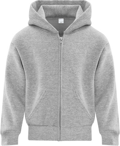 Am image of a Custom ATC Everyday Youth Fleece Full Zip Hooded Sweatshirt in Athletic Heather!