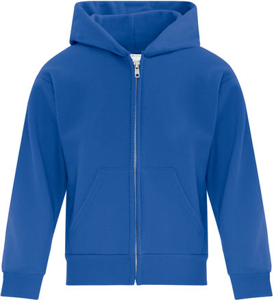 Am image of a Custom ATC Everyday Youth Fleece Full Zip Hooded Sweatshirt in Royal!